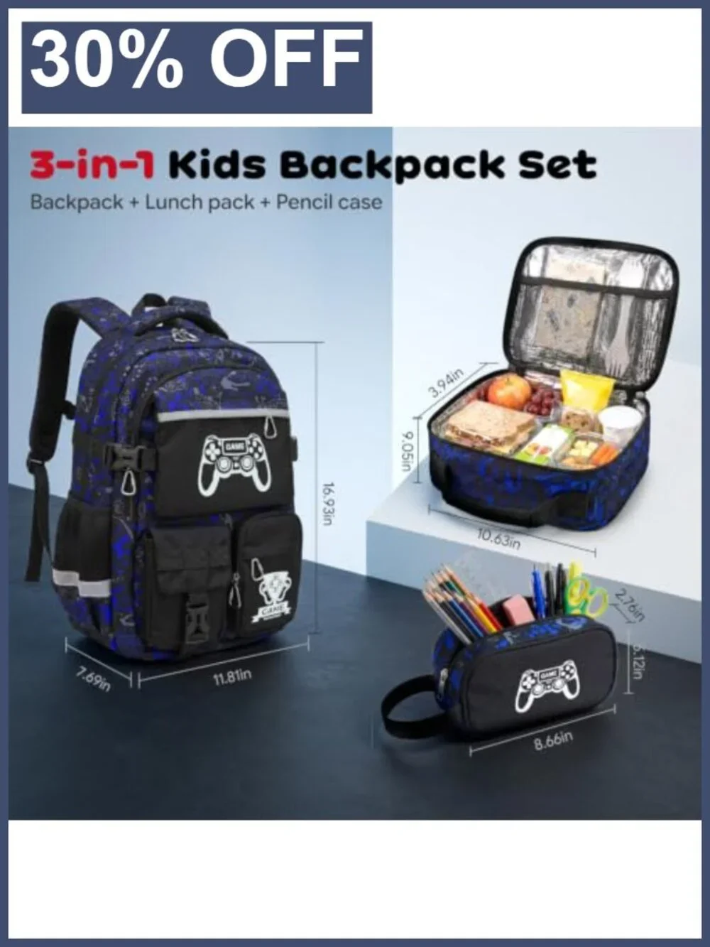Luminous Glow in Dark Gaming Backpack Set for Boys with Lunch Box Pencil Case